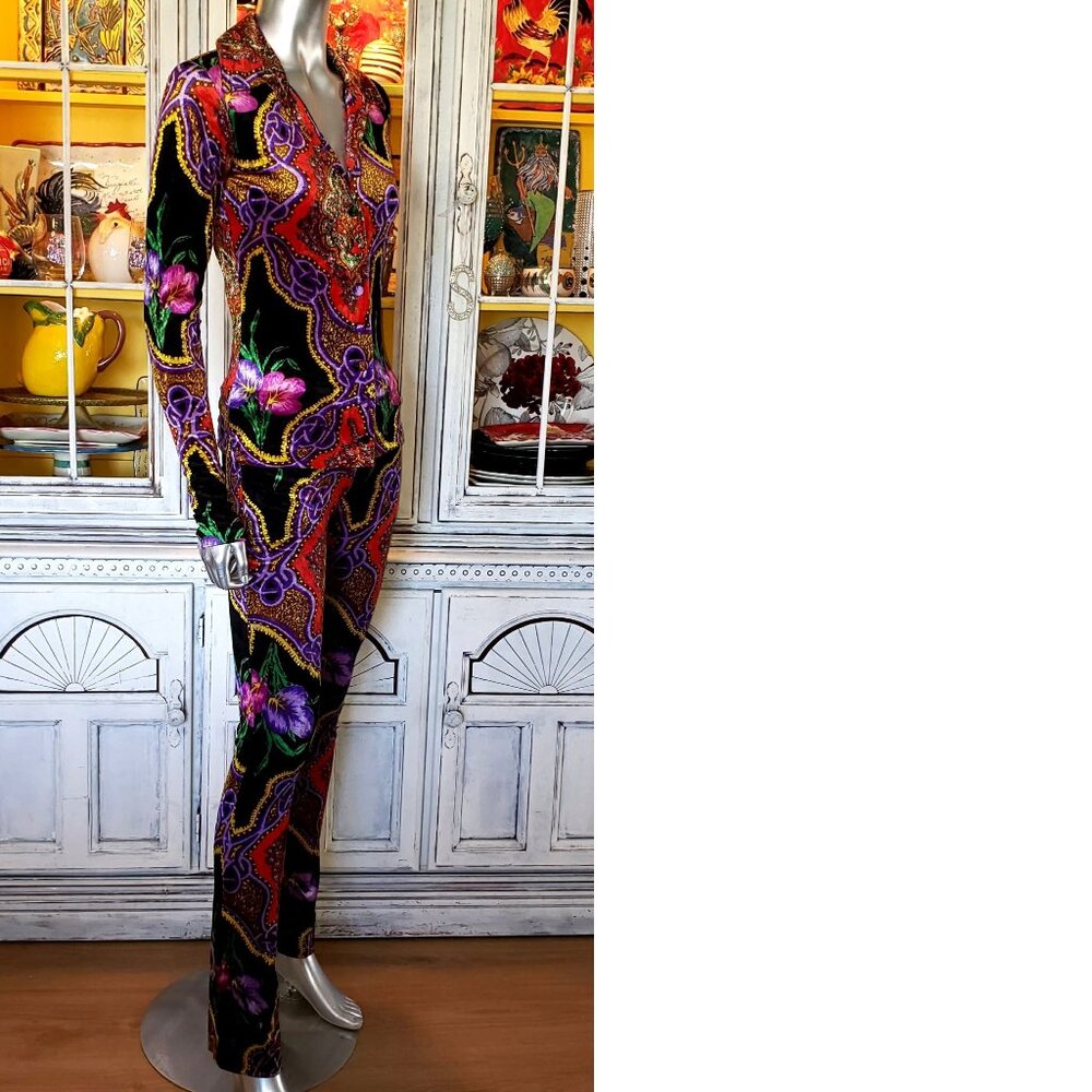 Vintage Betsey Johnson Floral Leopard Stretch Velvet Jeans Pants Dress Top Shirt - Picture 7 of 16